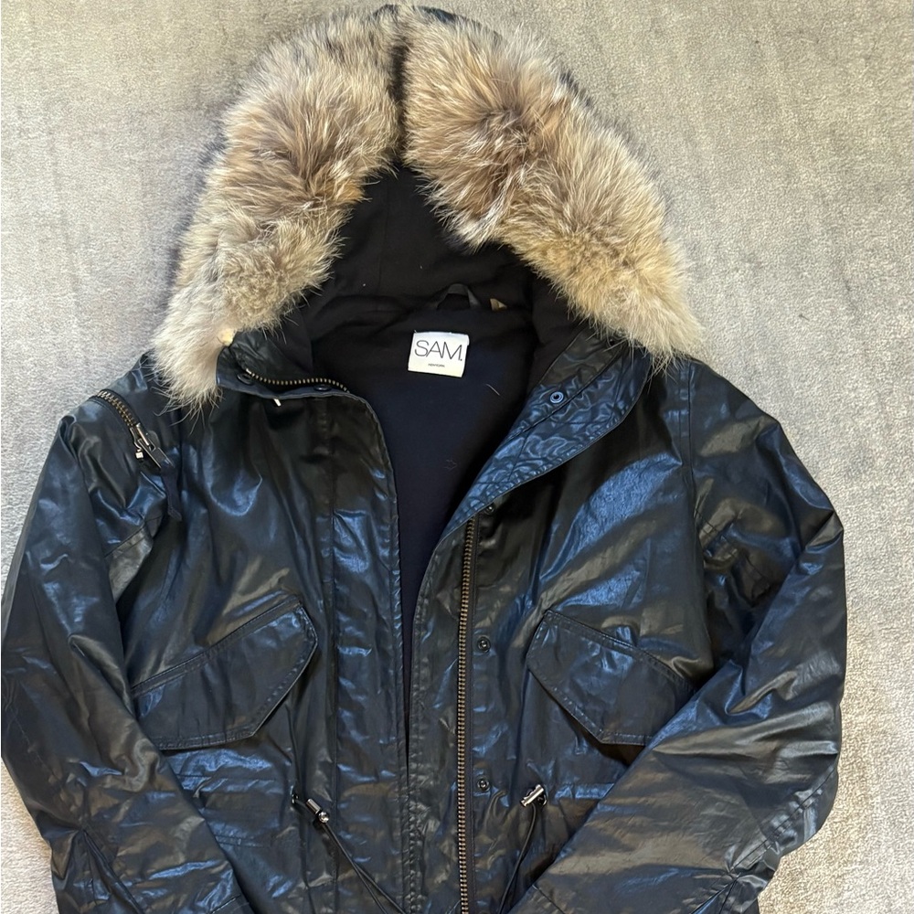 SAM Shiny Black Coat with Fur Hood
